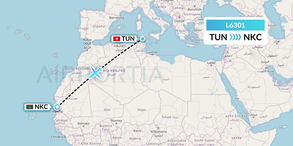 L6301 Mauritania Airlines International Flight Map: Tunis to Nouakchott