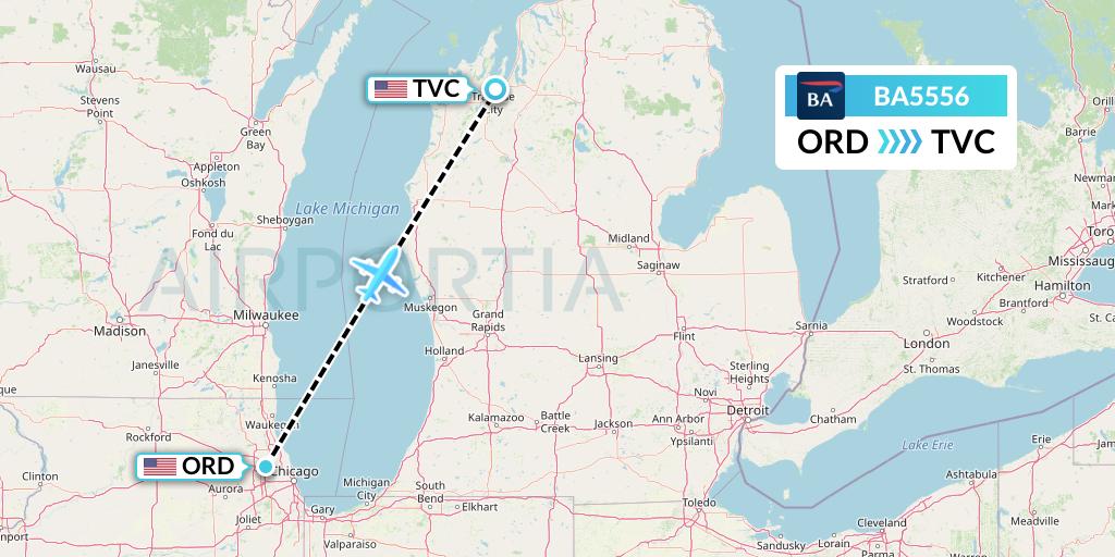 BA5556 British Airways Flight Map: Chicago to Traverse City