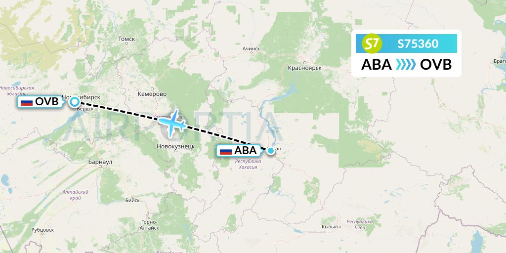 S75360 S7 Airlines Flight Map: Abakan to Novosibirsk