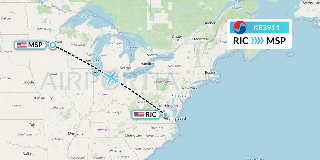 KE3911 Korean Air Flight Map: Richmond to Minneapolis