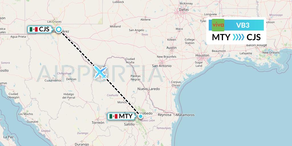 VB3 VivaAerobus Flight Map: Monterrey to Ciudad Juarez