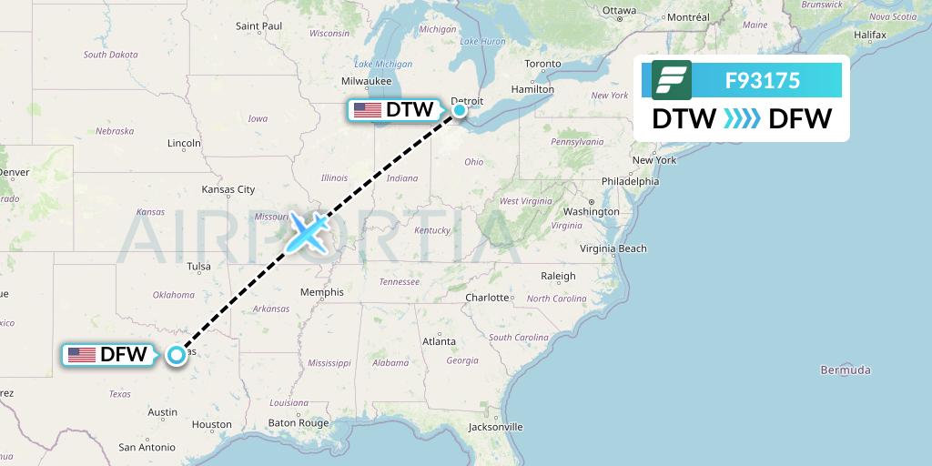 F93175 Frontier Airlines Flight Map: Detroit to Dallas