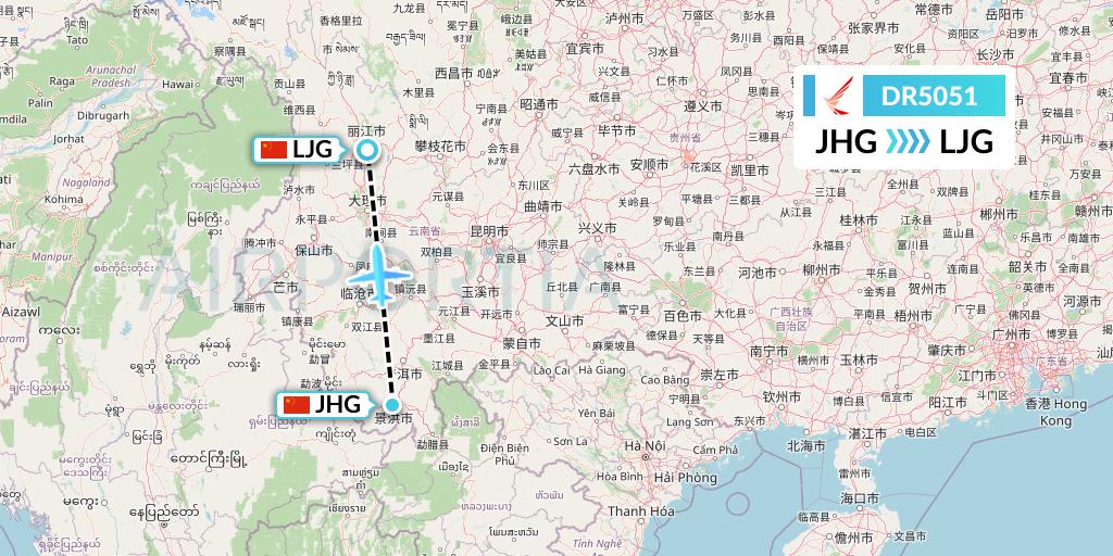 DR5051 Ruili Airlines Flight Map: Jinghong to Lijiang