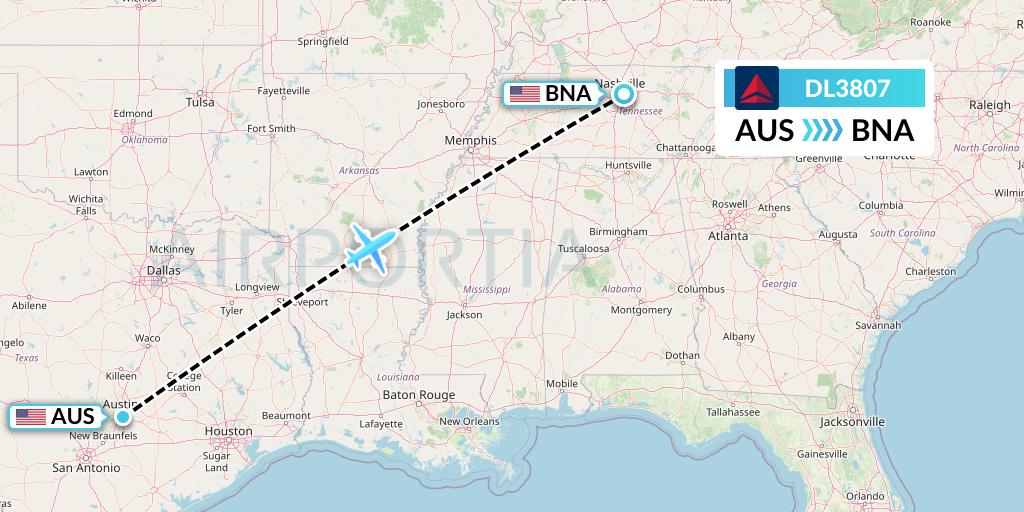 DL3807 Delta Air Lines Flight Map: Austin to Nashville