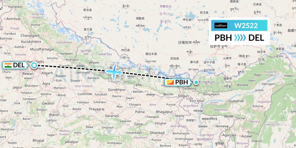 W2522 Flex Flight Flight Map: Paro to Delhi