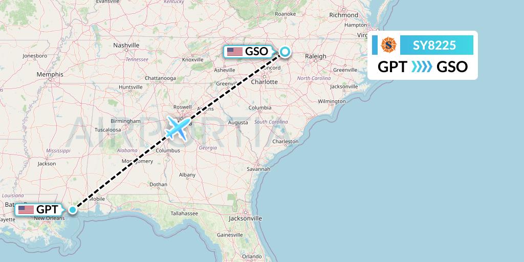 SY8225 Sun Country Airlines Flight Map: Gulfport to Greensboro