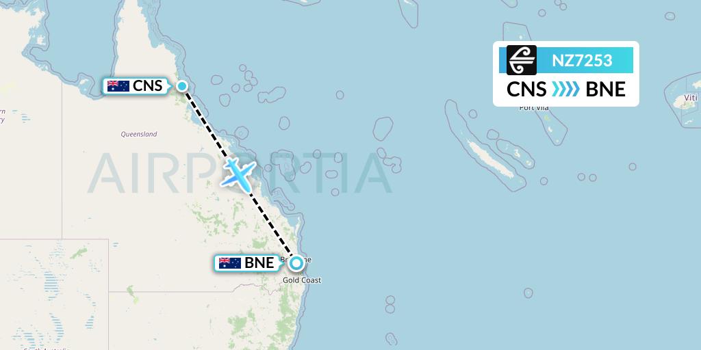 NZ7253 Air New Zealand Flight Map: Cairns to Brisbane