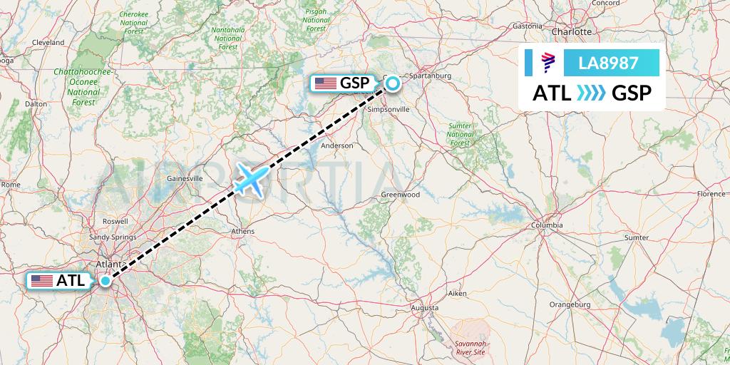 LA8987 LAN Airlines Flight Map: Atlanta to Greenville-Spartanburg