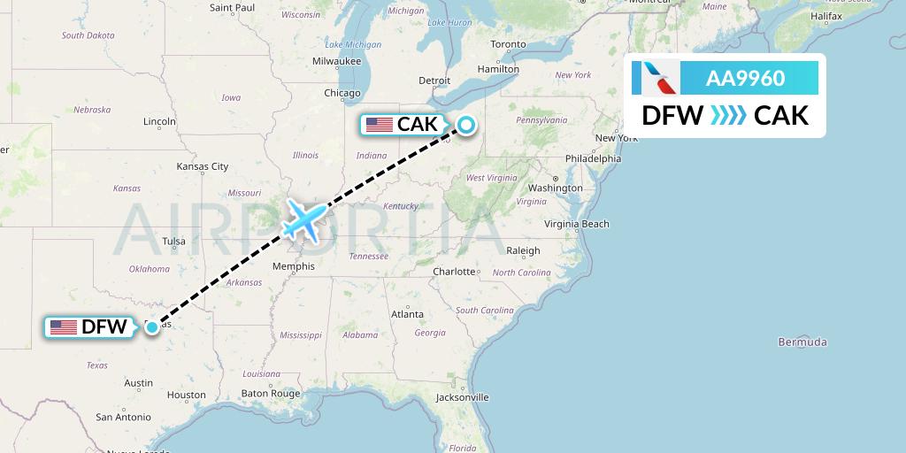 AA9960 American Airlines Flight Map: Dallas to Akron