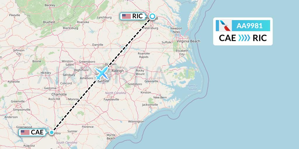 AA9981 American Airlines Flight Map: Columbia to Richmond