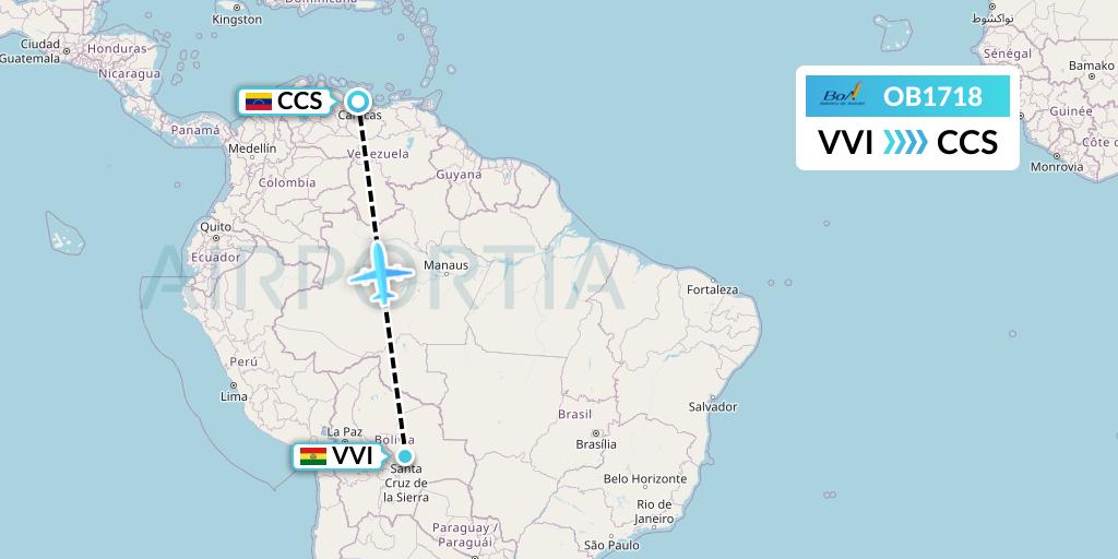 OB1718 Boliviana de Aviacion Flight Map: Santa Cruz to Caracas
