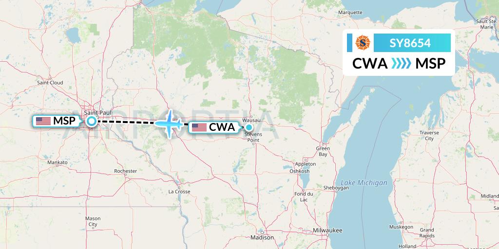 SY8654 Sun Country Airlines Flight Map: Wausau to Minneapolis
