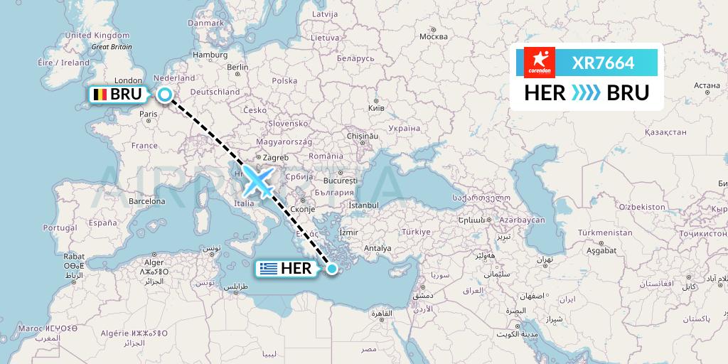 XR7664 Corendon Airlines Europe Flight Map: Heraklion to Brussels