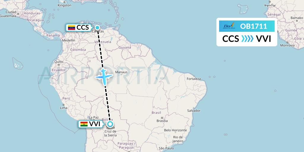 OB1711 Boliviana de Aviacion Flight Map: Caracas to Santa Cruz