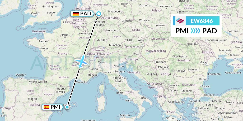 EW6846 Eurowings Flight Map: Palma de Mallorca to Paderborn
