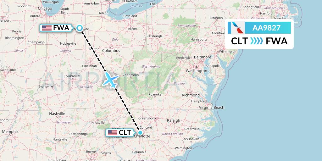 AA9827 American Airlines Flight Map: Charlotte to Fort Wayne