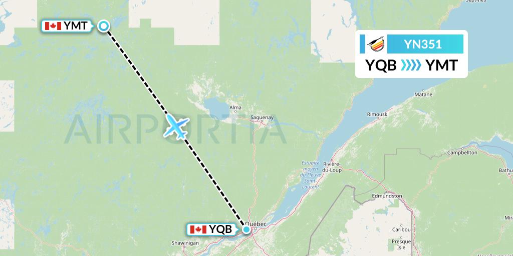 YN351 Air Creebec Flight Map: Quebec to Chibougamau