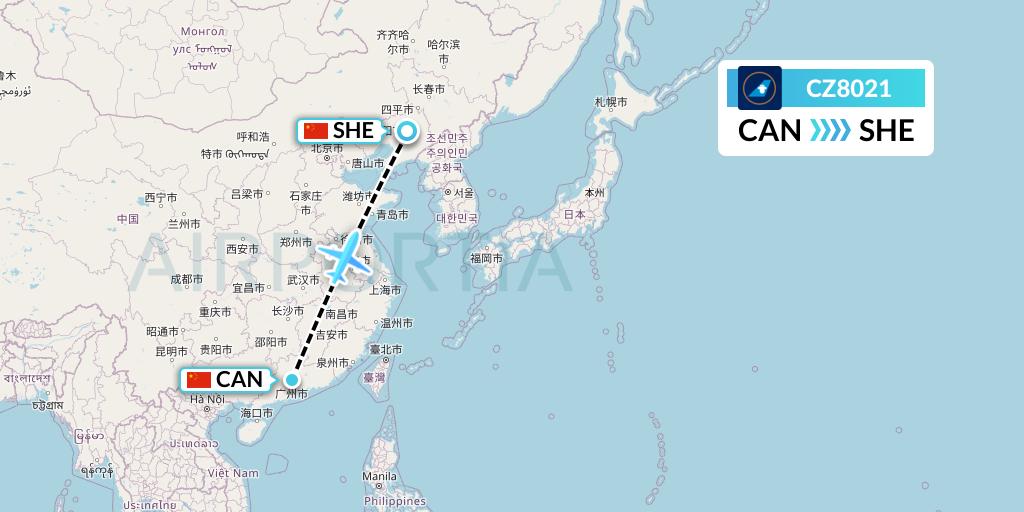 CZ8021 China Southern Airlines Flight Map: Guangzhou to Shenyang