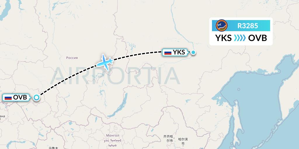 R3285 Yakutia Airlines Flight Map: Yakutsk to Novosibirsk