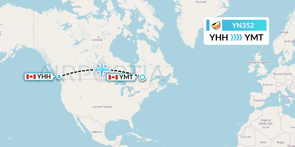 YN352 Air Creebec Flight Map: Campbell River to Chibougamau
