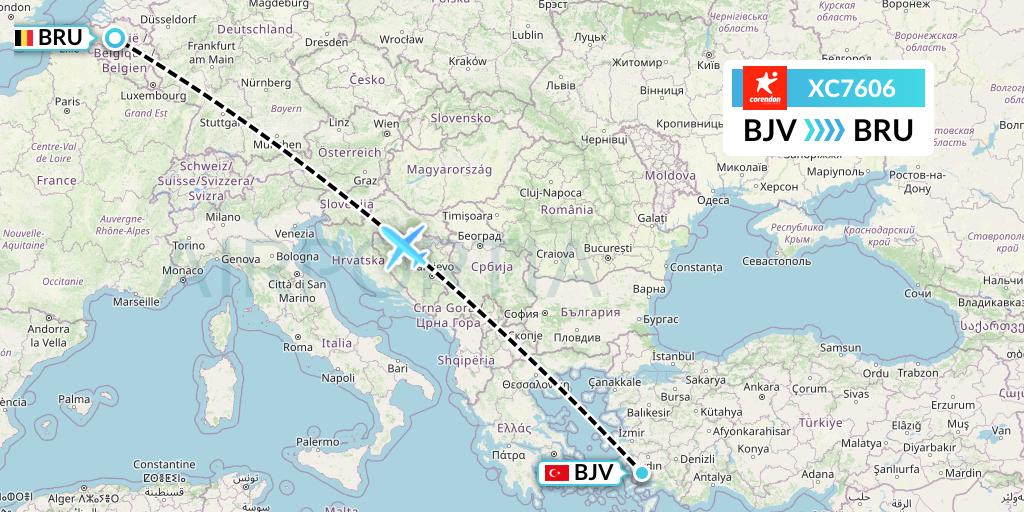 XC7606 Corendon Airlines Flight Map: Bodrum to Brussels