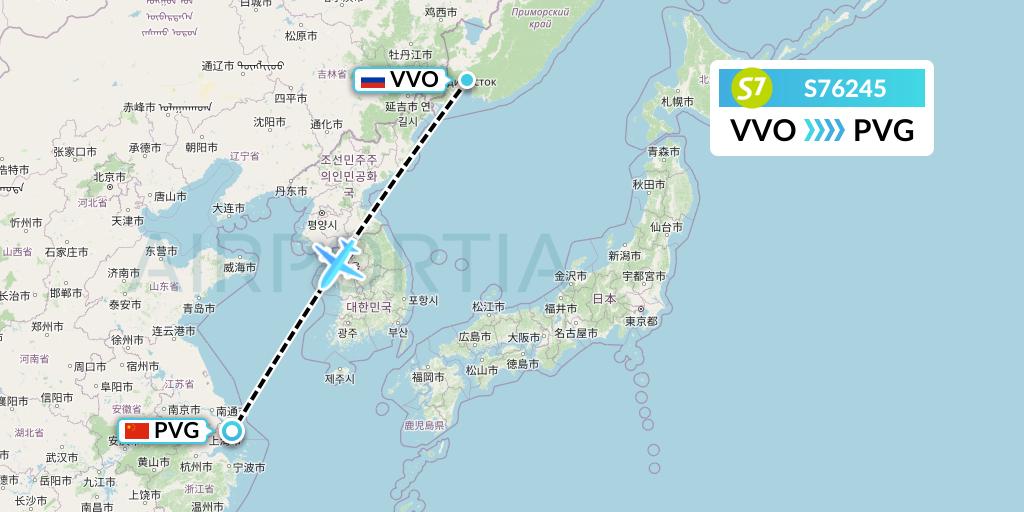 S76245 S7 Airlines Flight Map: Vladivostok to Shanghai