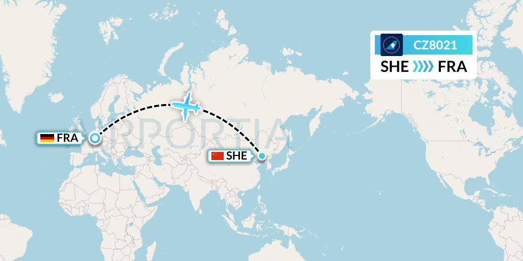 CZ8021 China Southern Airlines Flight Map: Shenyang to Frankfurt