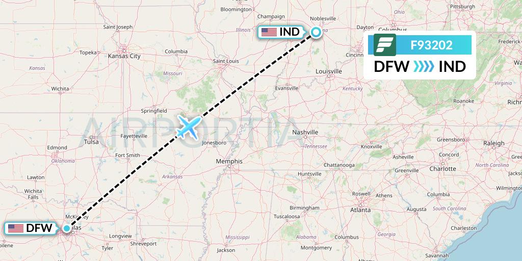 F93202 Frontier Airlines Flight Map: Dallas to Indianapolis
