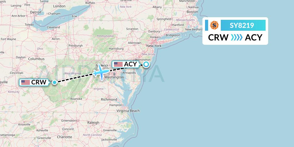 SY8219 Sun Country Airlines Flight Map: Charleston to Atlantic City