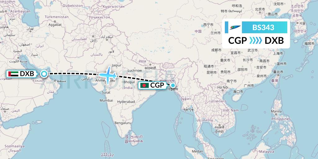 BS343 US-Bangla Airlines Flight Map: Chittagong to Dubai