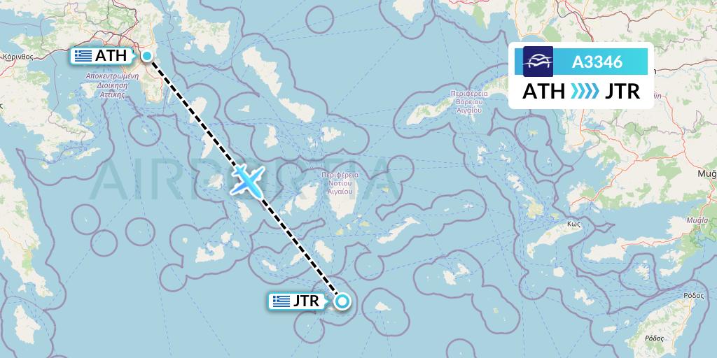 A3346 Aegean Airlines Flight Map: Athens to Santorini