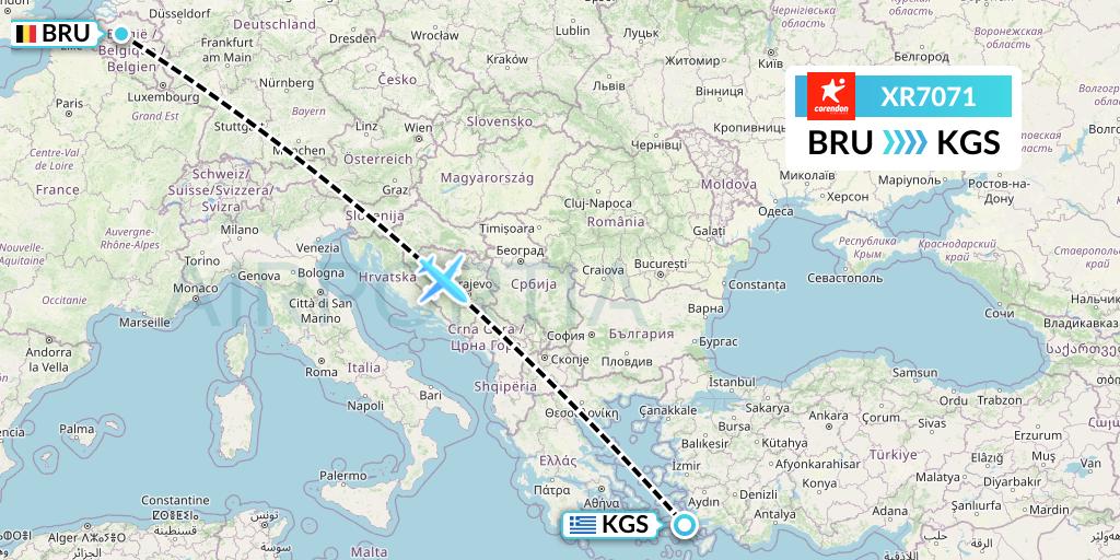 XR7071 Corendon Airlines Europe Flight Map: Brussels to Kos