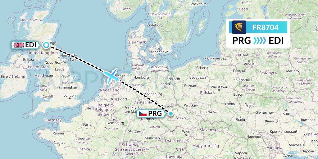 FR8704 Ryanair Flight Map: Prague to Edinburgh