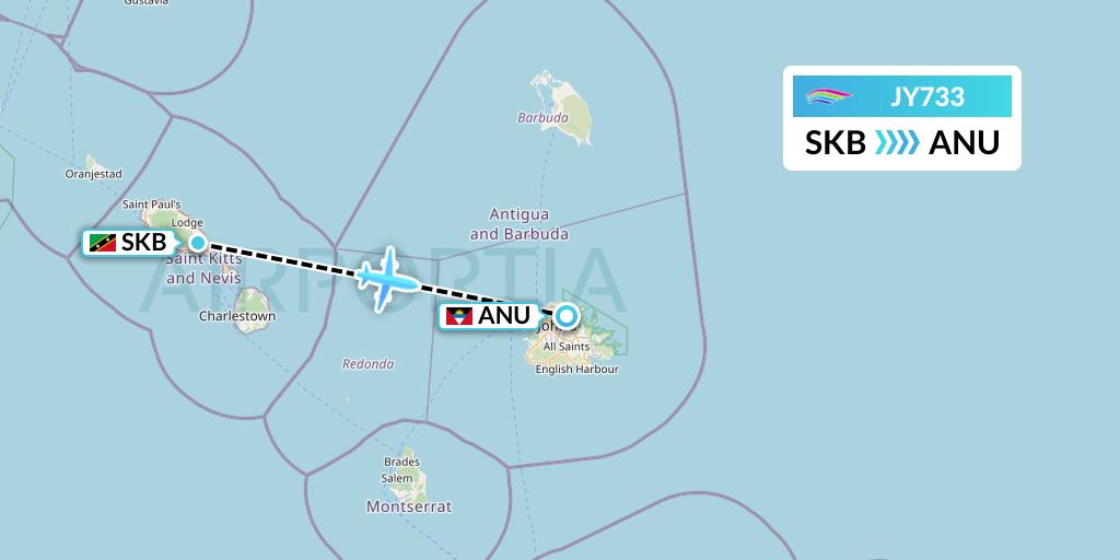 JY733 InterCaribbean Airways Flight Map: Basseterre to Antigua