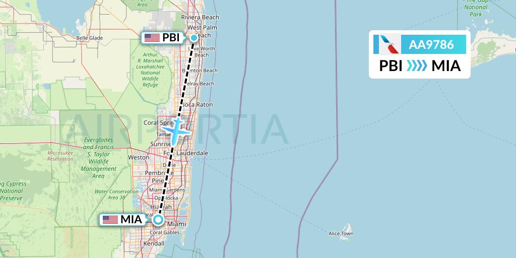 AA9786 American Airlines Flight Map: West Palm Beach to Miami