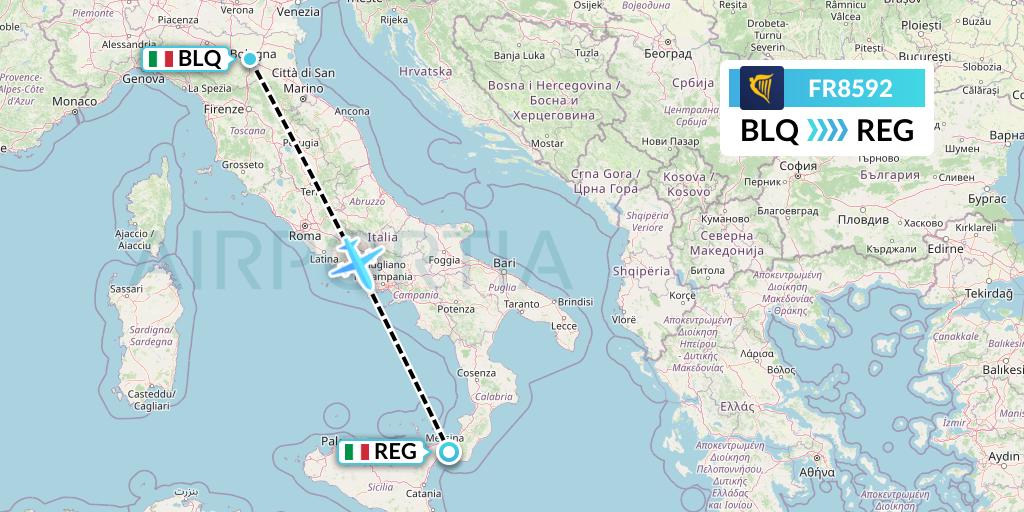FR8592 Ryanair Flight Map: Bologna to Reggio Calabria