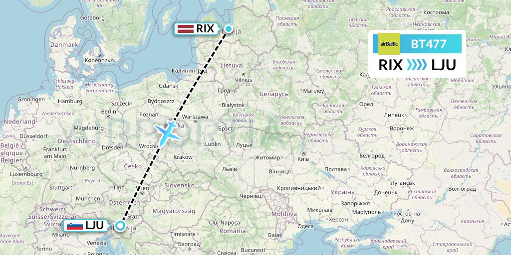BT477 Air Baltic Flight Map: Riga to Ljubljana