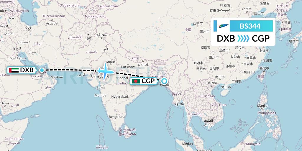 BS344 US-Bangla Airlines Flight Map: Dubai to Chittagong