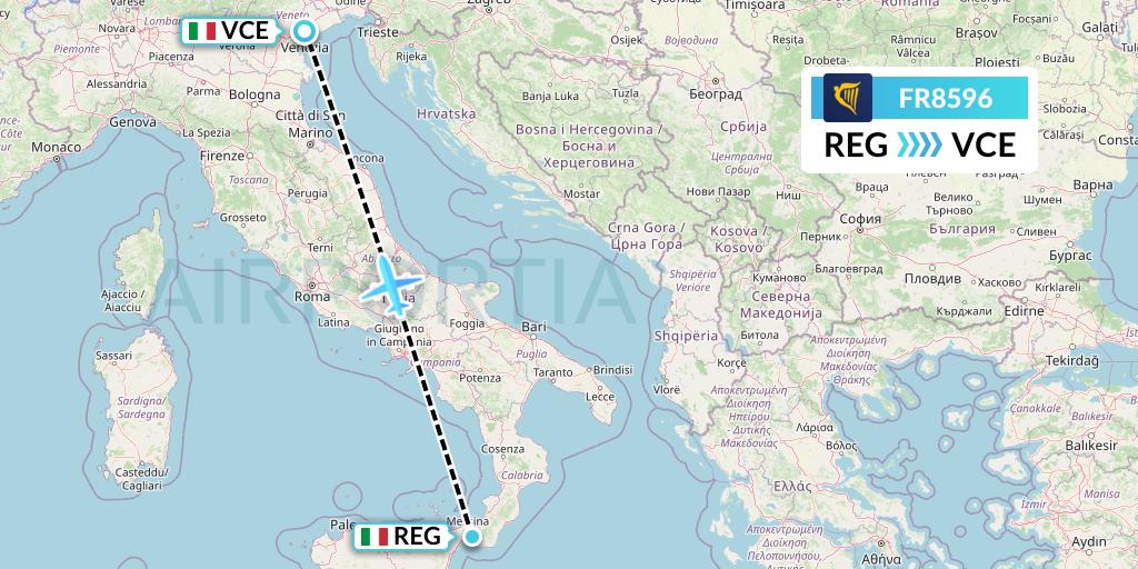 FR8596 Ryanair Flight Map: Reggio Calabria to Venice