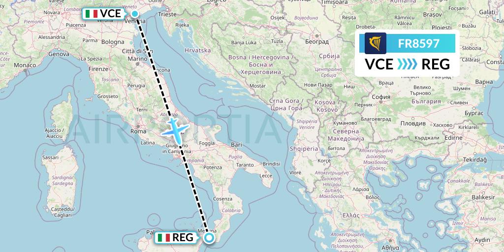 FR8597 Ryanair Flight Map: Venice to Reggio Calabria