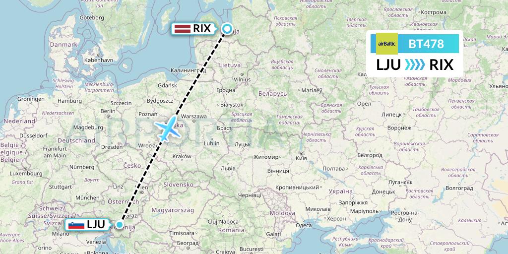 BT478 Air Baltic Flight Map: Ljubljana to Riga
