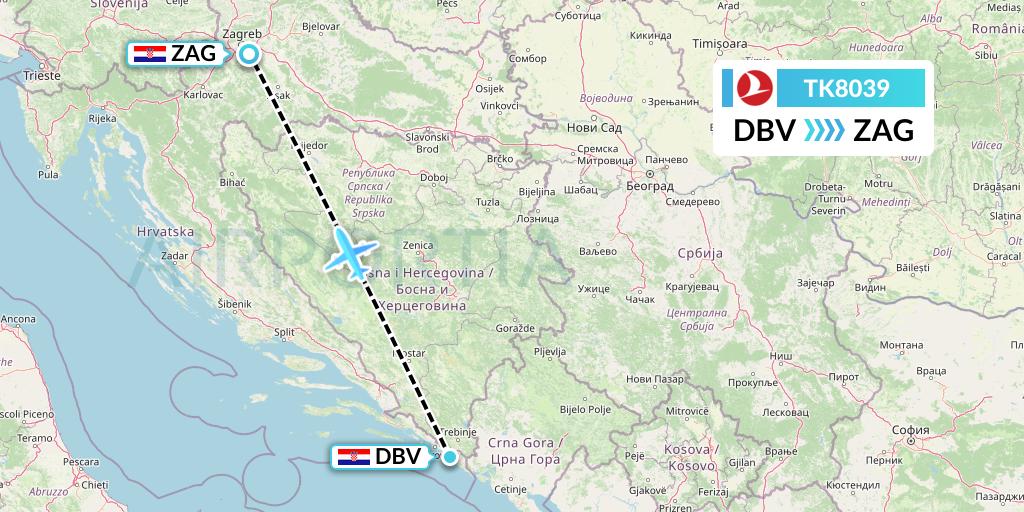 TK8039 Turkish Airlines Flight Map: Dubrovnik to Zagreb