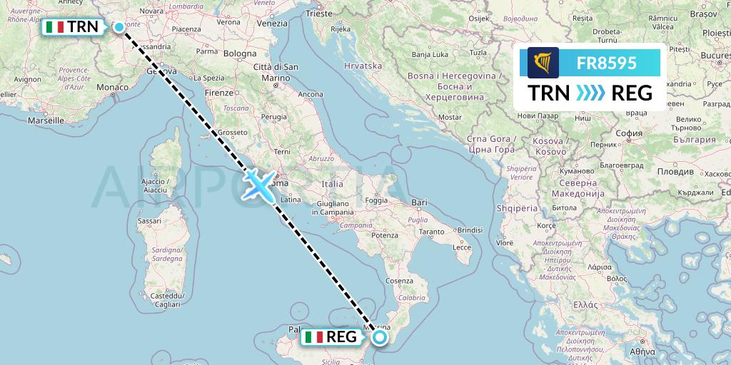 FR8595 Ryanair Flight Map: Turin to Reggio Calabria