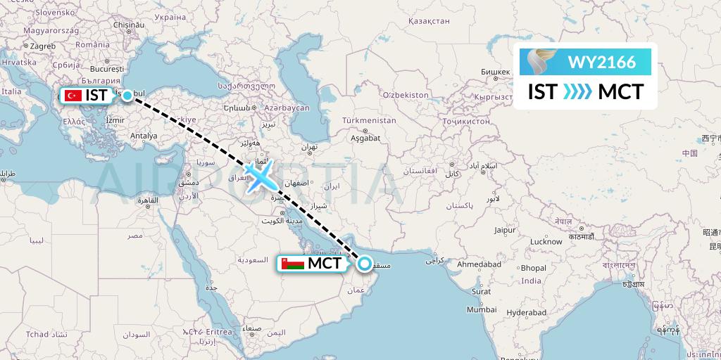 WY2166 Oman Air Flight Map: Istanbul to Muscat