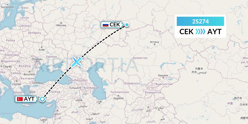 2S274 Star Equatorial AL Flight Map: Chelyabinsk to Antalya