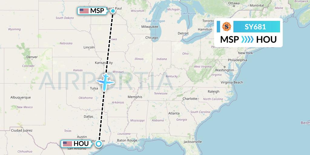 SY681 Sun Country Airlines Flight Map: Minneapolis to Houston