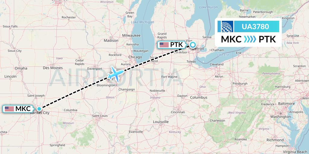 UA3780 United Airlines Flight Map: Kansas City to Oakland County