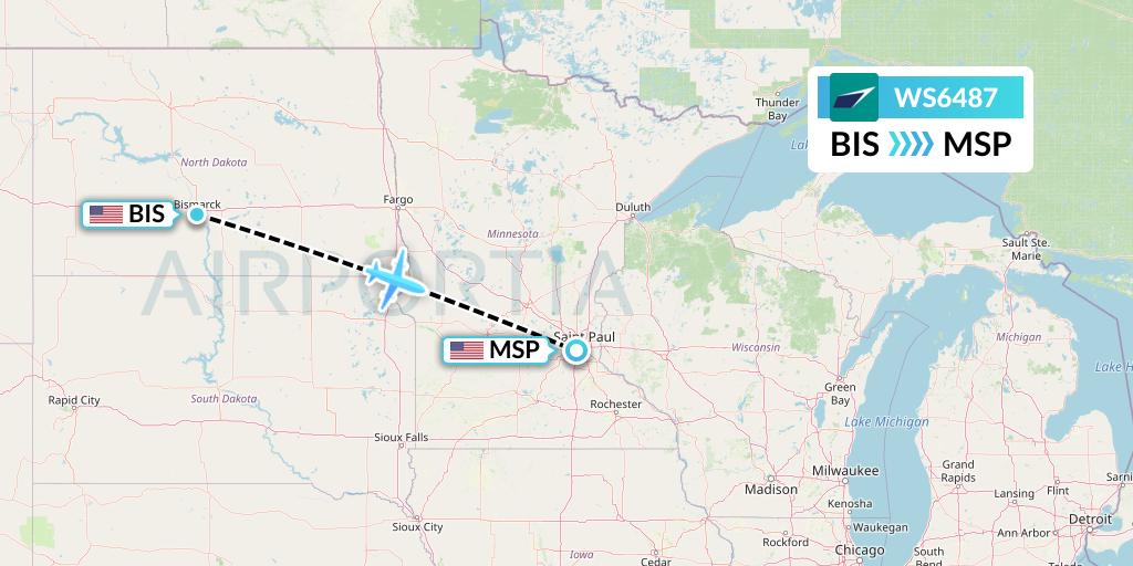 WS6487 WestJet Flight Map: Bismarck to Minneapolis