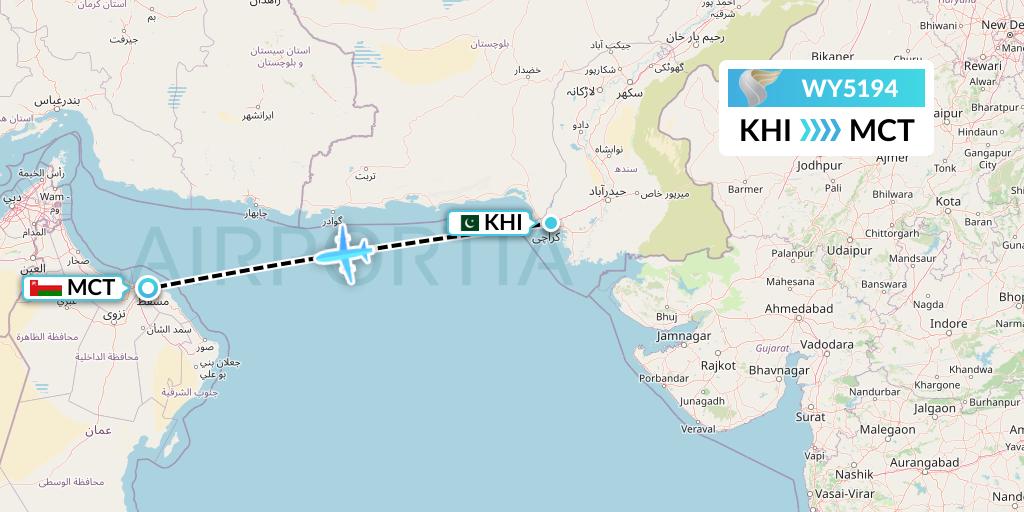 WY5194 Oman Air Flight Map: Karachi to Muscat