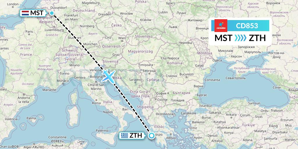 CD853 Dutch Corendon Airlines Flight Map: Maastricht to Zakynthos